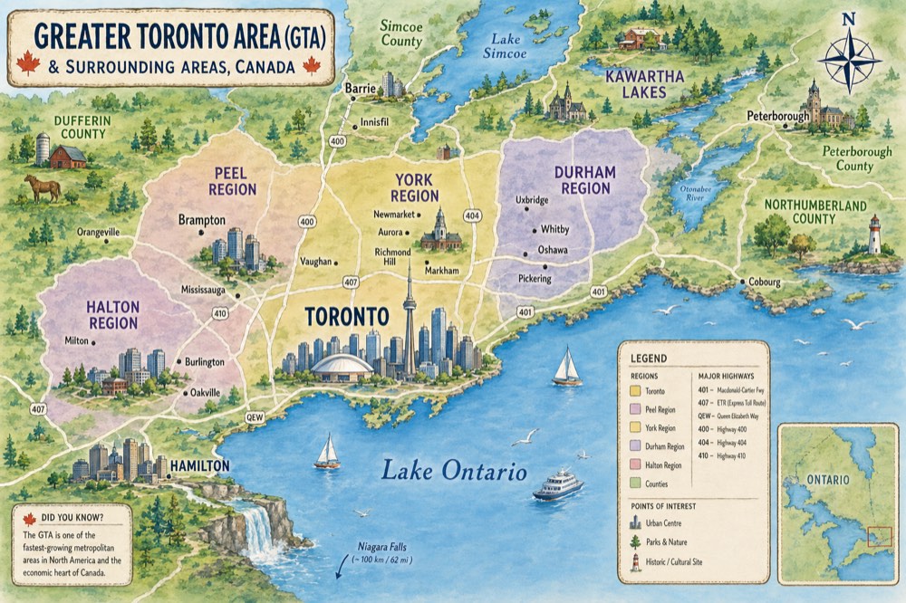 Illustrated map of the Greater Toronto Area showing Toronto, Peel, York, Durham, Halton regions and surrounding service areas